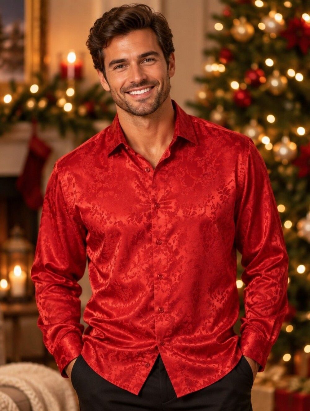 Men's Red Floral Jacquard Long-Sleeve Dress Shirt